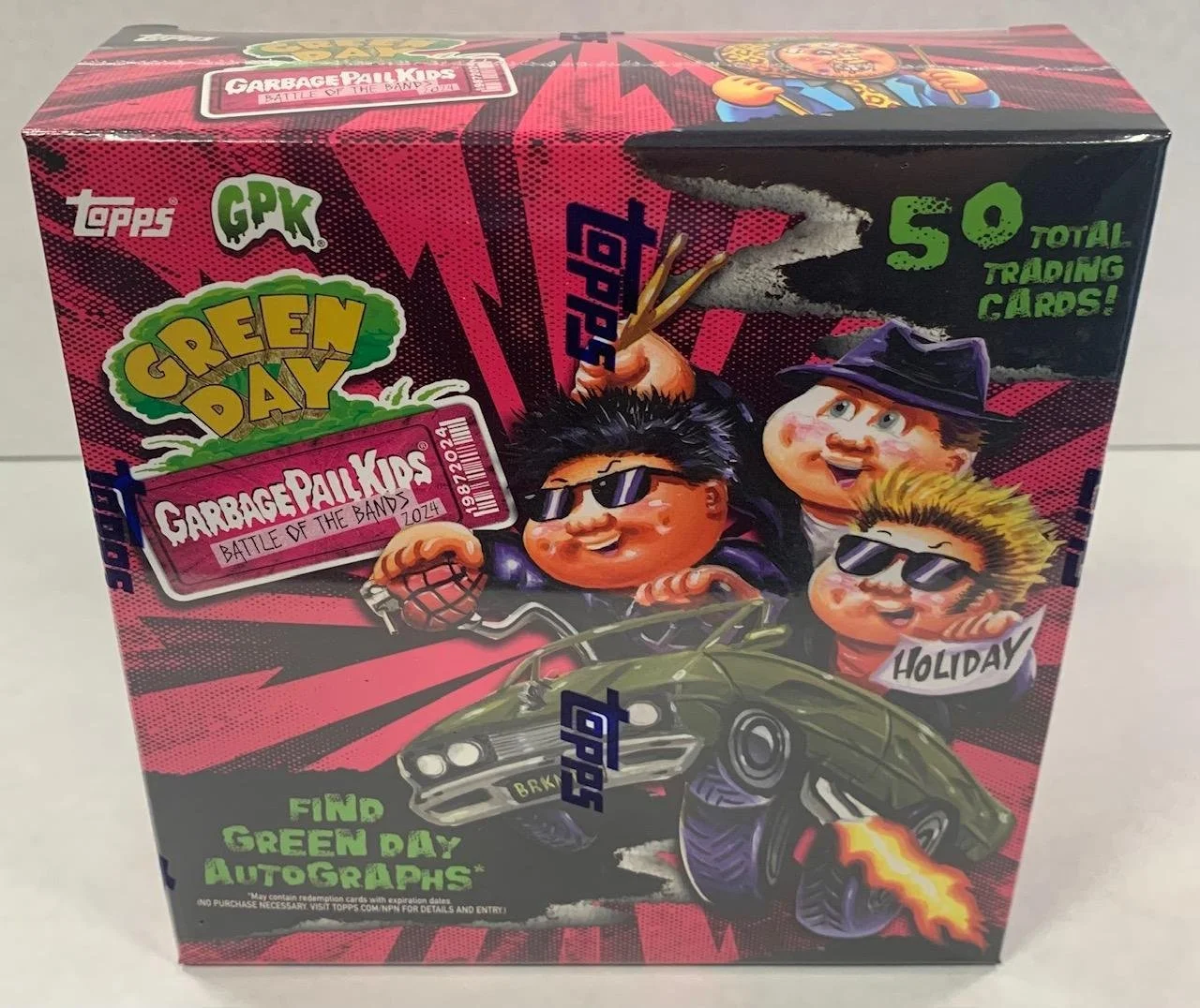 2024 Topps Garbage Pail Kids Battle Of The Bands Green Day Hobby Box
10 Packs per Box, 5 Cards per Pack
Content Highlights:
- Look for Green Day Autograph Cards!