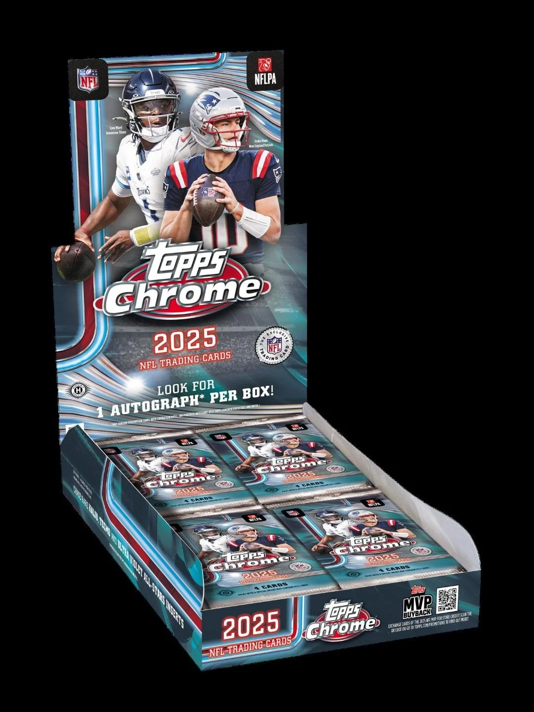 2025 Topps Chrome Hobby Football
20 Packs per Box, 4 Cards per Pack
Content Highlights:
- 1 Autograph Card per box