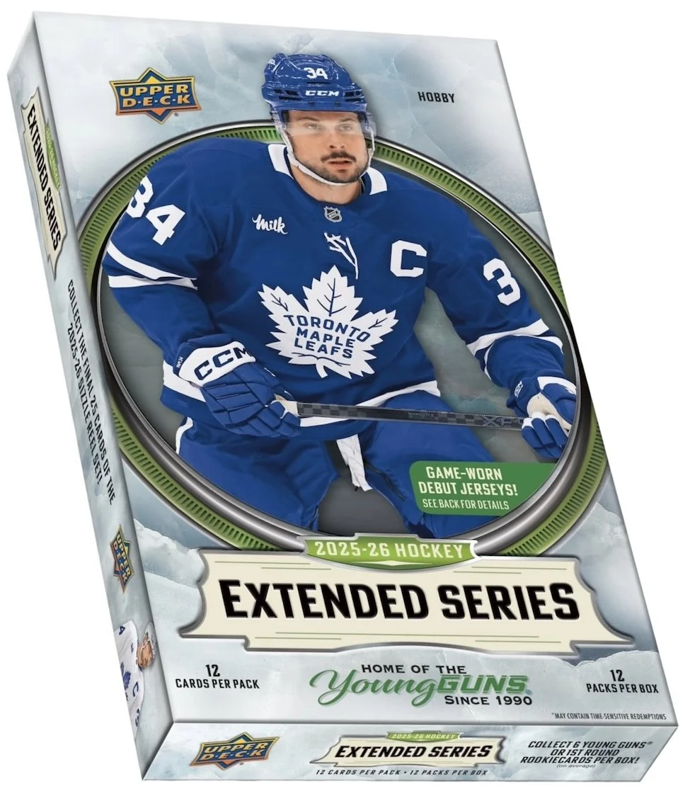 2025-26 Upper Deck Extended Series Hockey Hobby
12 Packs per Box, 12 Cards per Pack
Content Highlights: 
- 6 Young Guns Rookie Cards per box