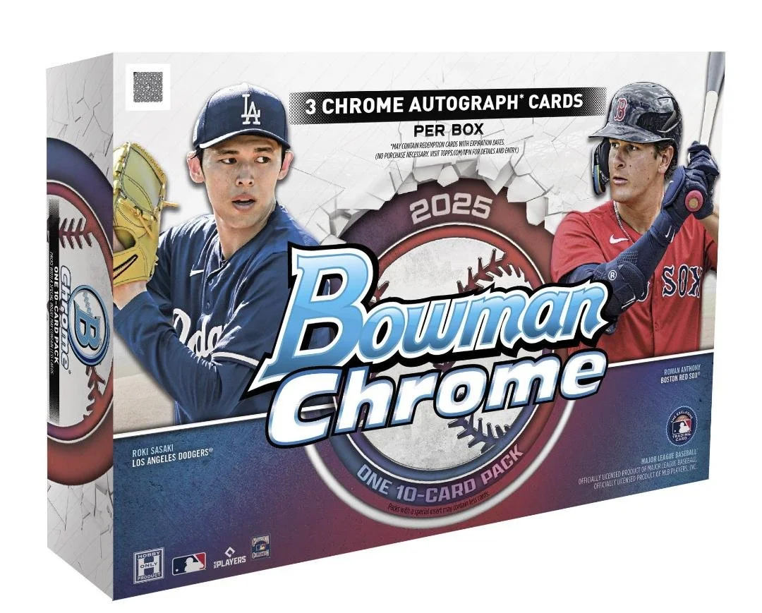 2025 Bowman Chrome Breakers Delight Baseball
1 Pack per Box, 10 Cards per Pack
Content Highlights:
- 3 Autograph Cards per box
- Look for Autographs of Josuar Gonzalez, Shotaro Morii, Nick Kurtz & many more!!!!