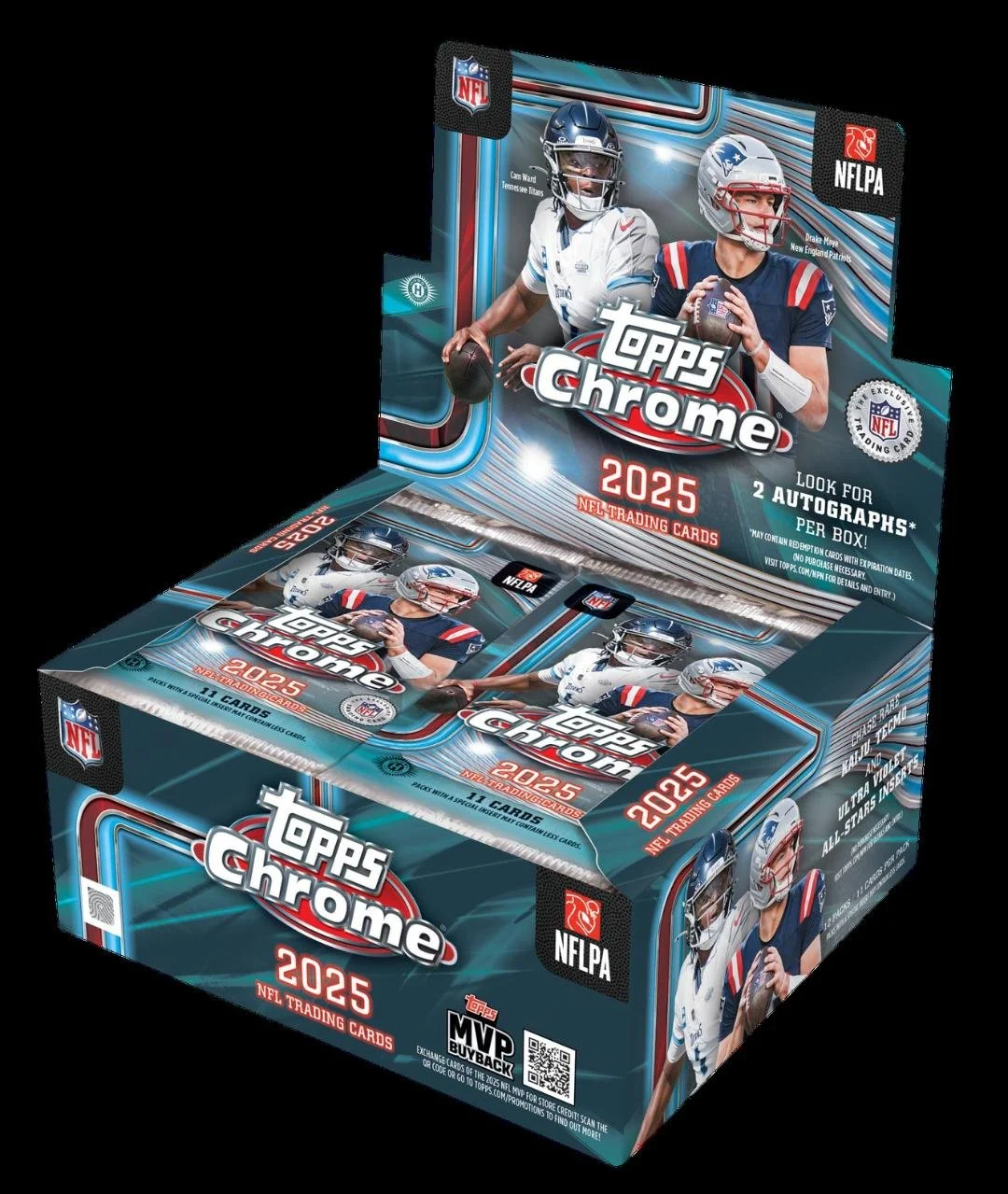 2025 Topps Chrome Jumbo Football
12 Packs per Box, 11 Cards per Pack
Content Highlights:
- 2 Autograph Cards per box
