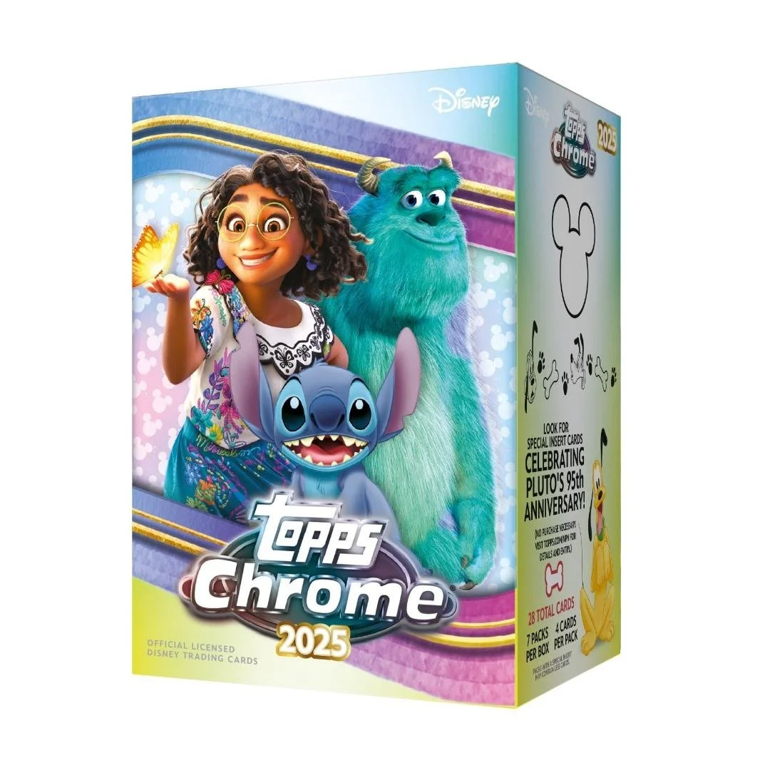 2025 Topps Chrome Disney Blaster Box
7 Packs per Box, 4 Cards per Pack
Content Highlights:
- Look for 1 of 1 SuperFractor Cards!
- Look for Ultra-Rare Scorched Insert Cards!
- Look for Authentic & Facsimile Autograph Cards!