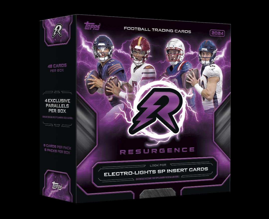 2024 Topps Resurgence Blaster Football
6 Packs per Box, 8 Cards per Pack
Content Highlights:
- 4 Exclusive Parallels per box
- Look for Electro-Lights SP Insert Cards!