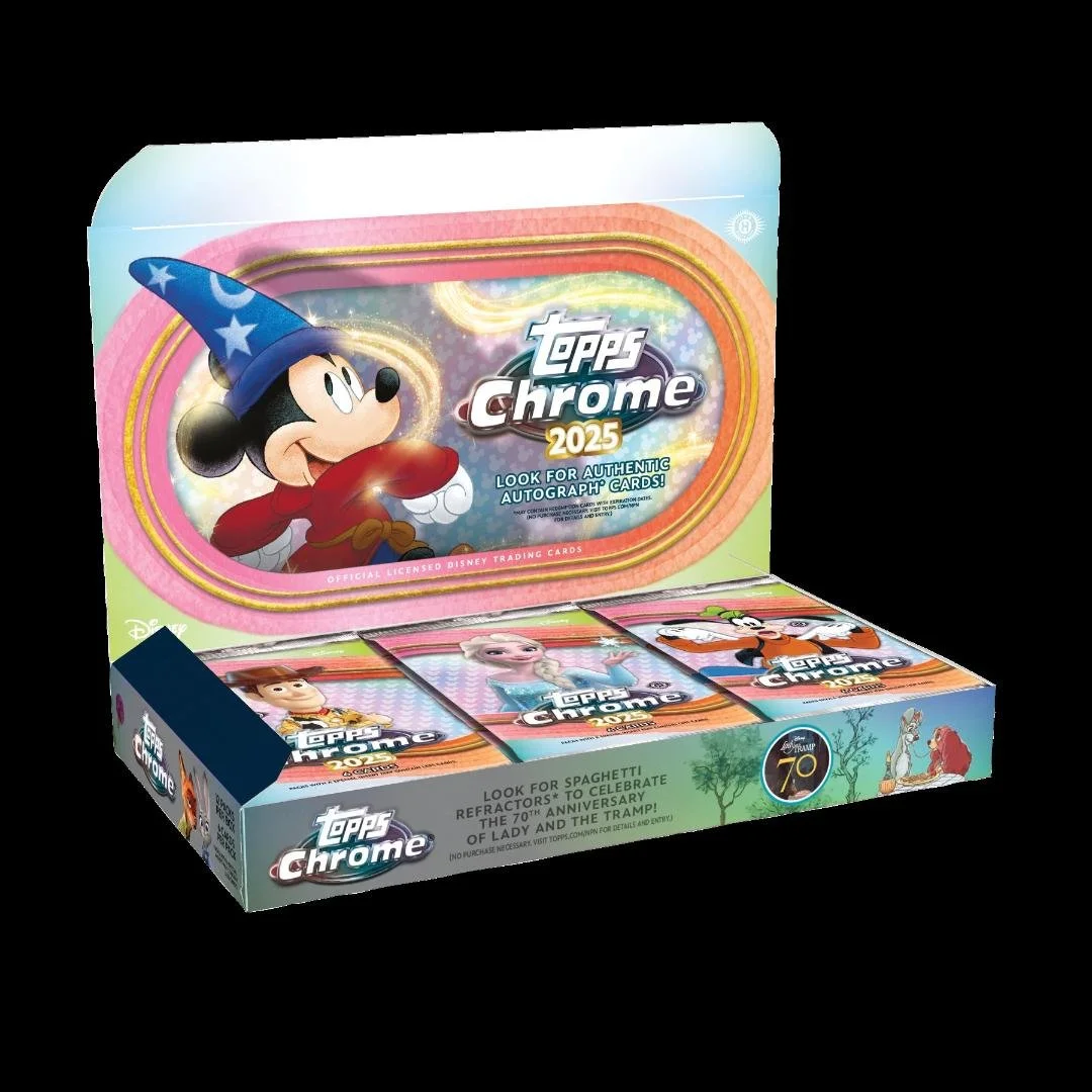 2025 Topps Chrome Disney Hobby Box
12 Packs per Box, 6 Cards per Pack
Content Highlights:
- Look for 1 of 1 SuperFractor Cards!
- Look for Ultra-Rare Scorched Insert Cards!
- Look for Authentic & Facsimile Autograph Cards!