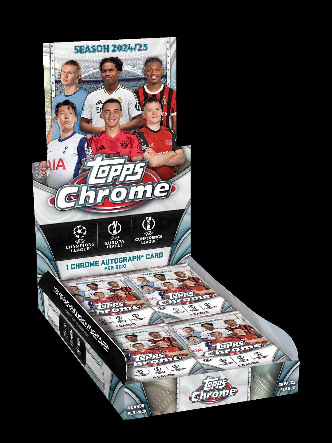 2024-25 Topps Chrome UEFA Club Competitions Hobby Soccer
20 Packs per Box, 4 Cards per Pack
Content Highlights:
- 1 Autograph Card per box
- Look for Autographs of Lionel Messi, Lamine Yamal, Erling Haaland and many more!
- Look for Short Print The