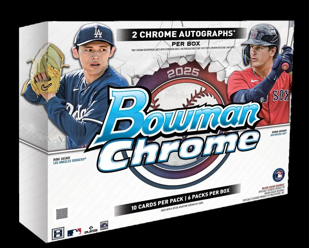 2025 Bowman Chrome Hobby Baseball
6 Packs per Box, 10 Cards per Pack
Content Highlights:
- 2 Autograph Cards per box
- Look for Autographs of Josuar Gonzalez, Shotaro Morii, Nick Kurtz & many more!!!!
- Look for Hobby Exclusive Pearl Packs!