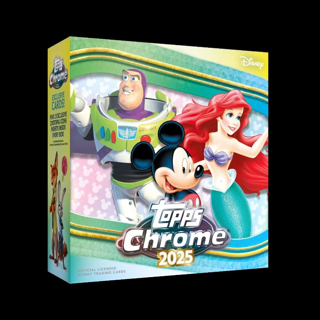 2025 Topps Chrome Disney Mega Box
15 Packs per Box, 4 Cards per Pack
Content Highlights:
- Look for 1 of 1 SuperFractor Cards!
- Look for Ultra-Rare Scorched Insert Cards!
- Look for Authentic & Facsimile Autograph Cards!