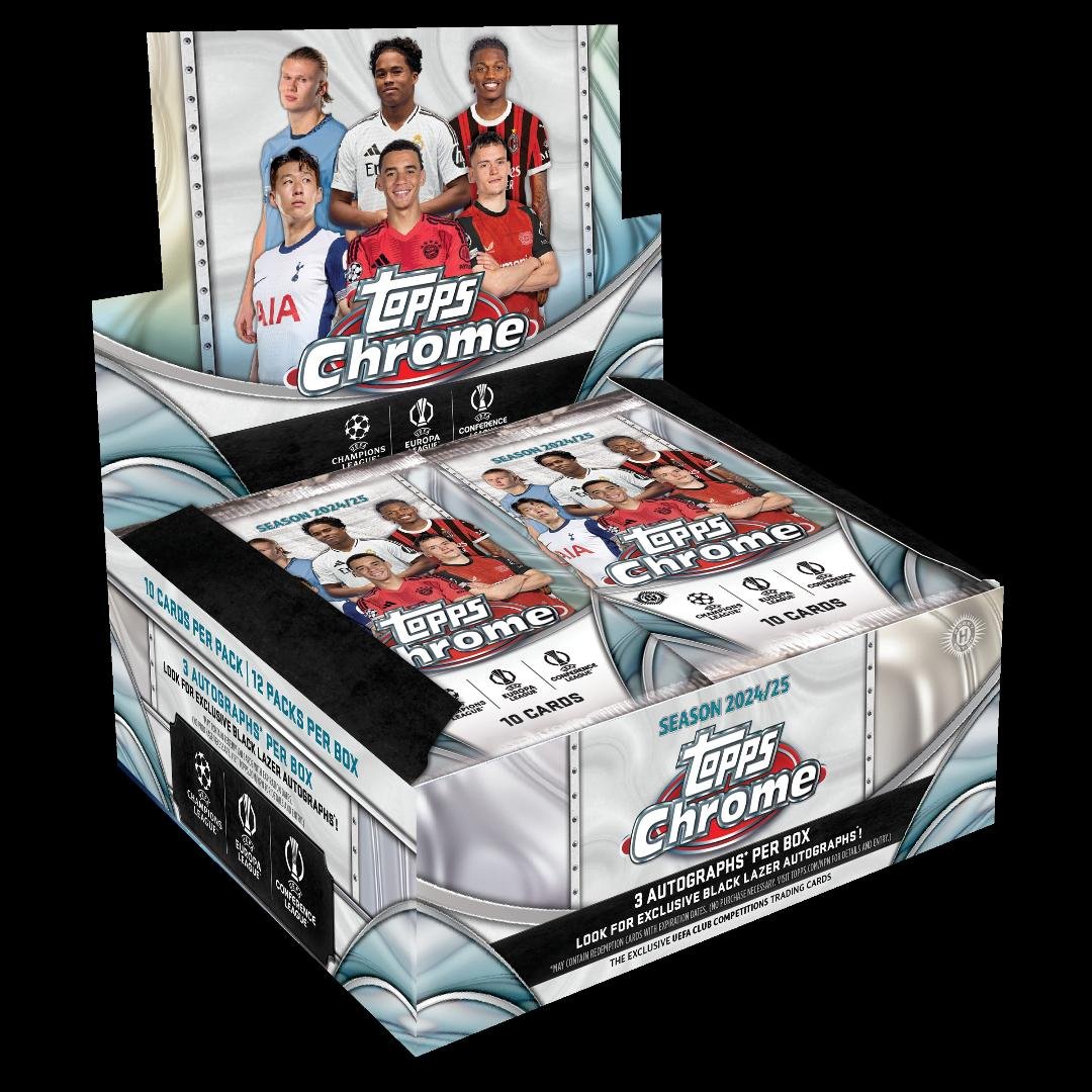 2024-25 Topps Chrome UEFA Club Competitions Jumbo Soccer
10 Packs per Box, 12 Cards per Pack
Content Highlights:
- 3 Autograph Cards per box
- Look for Autographs of Lionel Messi, Lamine Yamal, Erling Haaland and many more