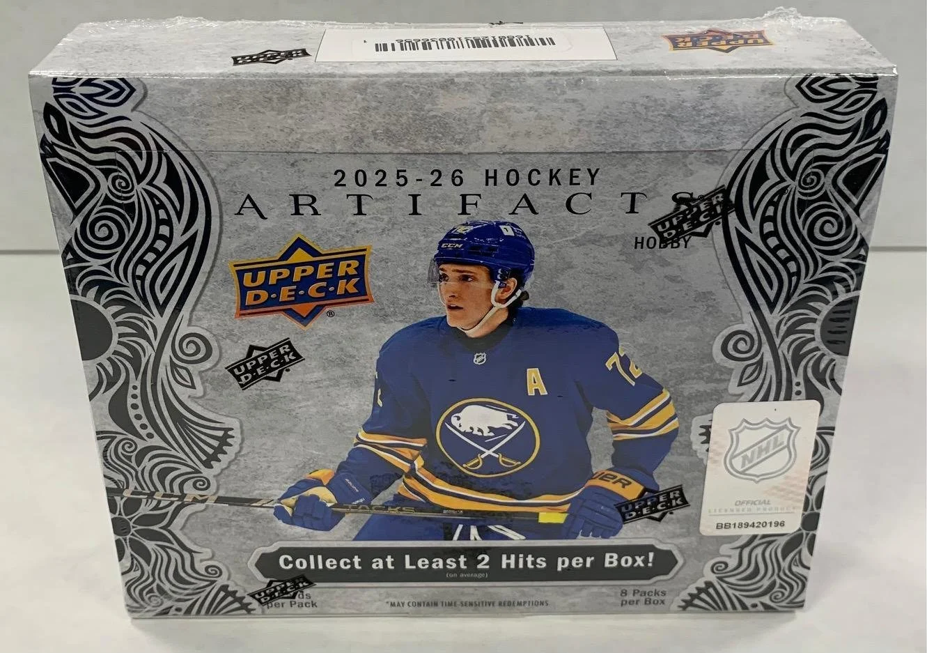 2025-26 Upper Deck Artifacts Hobby Hockey
8 Packs per Box, 4 Cards per Pack
Content Highlights:
- 3 Autographs, Memorabilia or Tech Insert Cards per box
-1 Rookie Redemption or Acetate Card per box