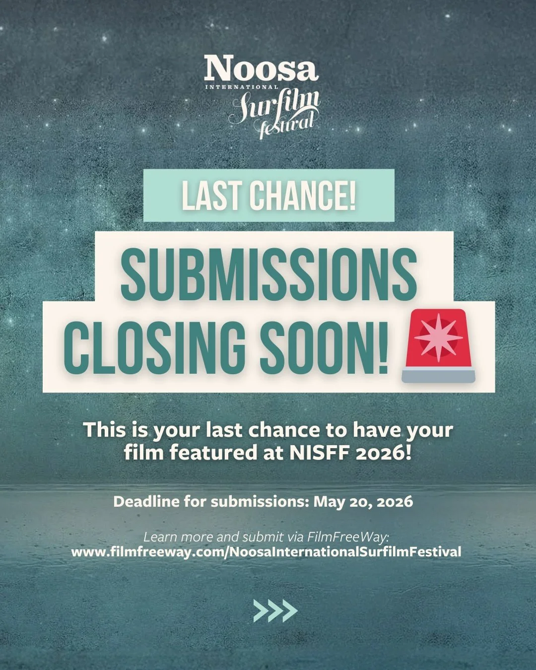 Last call. Submissions closing soon. 🚨🎬

This is it.

Final chance to have your Surf Film screened at NISFF 2026, alongside world-class surf stories and festival audiences in Noosa.

If your film captures surf culture, ocean connection and cinemati