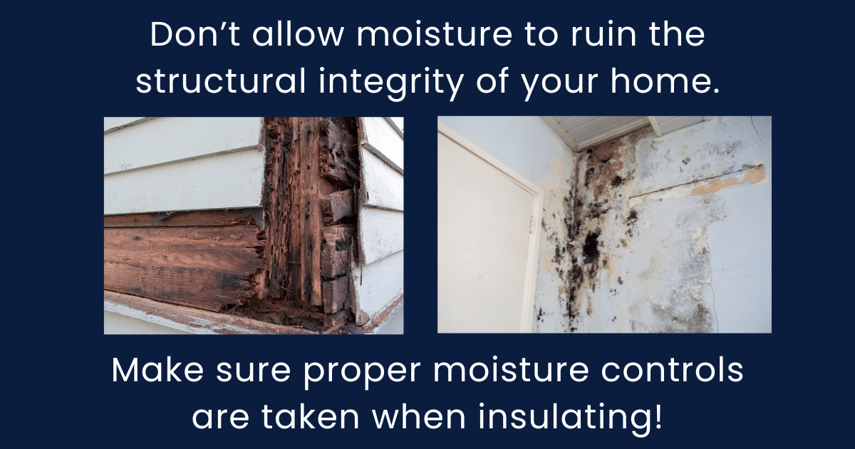 image of rotting wood siding on the left and mold damage on an interior wall in a home