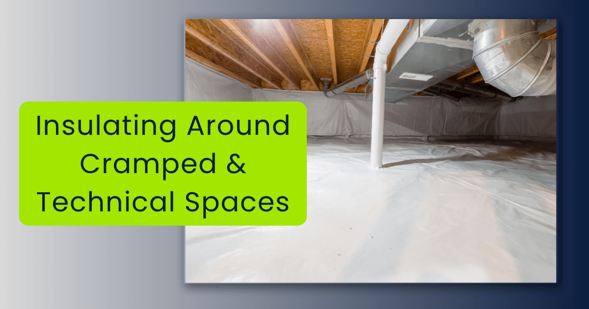 Photo of a crawlspace with ducting, plumbing piping and other things showing the complexity of insulating around it all.