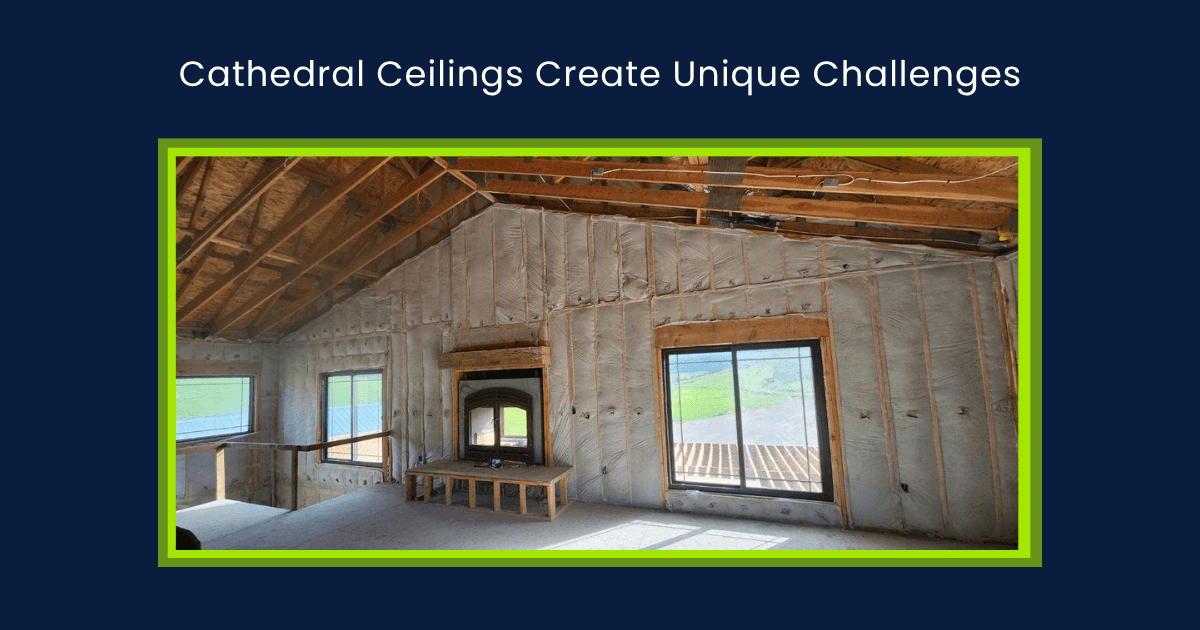 Photograph of a newly built home in the process of getting insulated that has cathedral ceilings