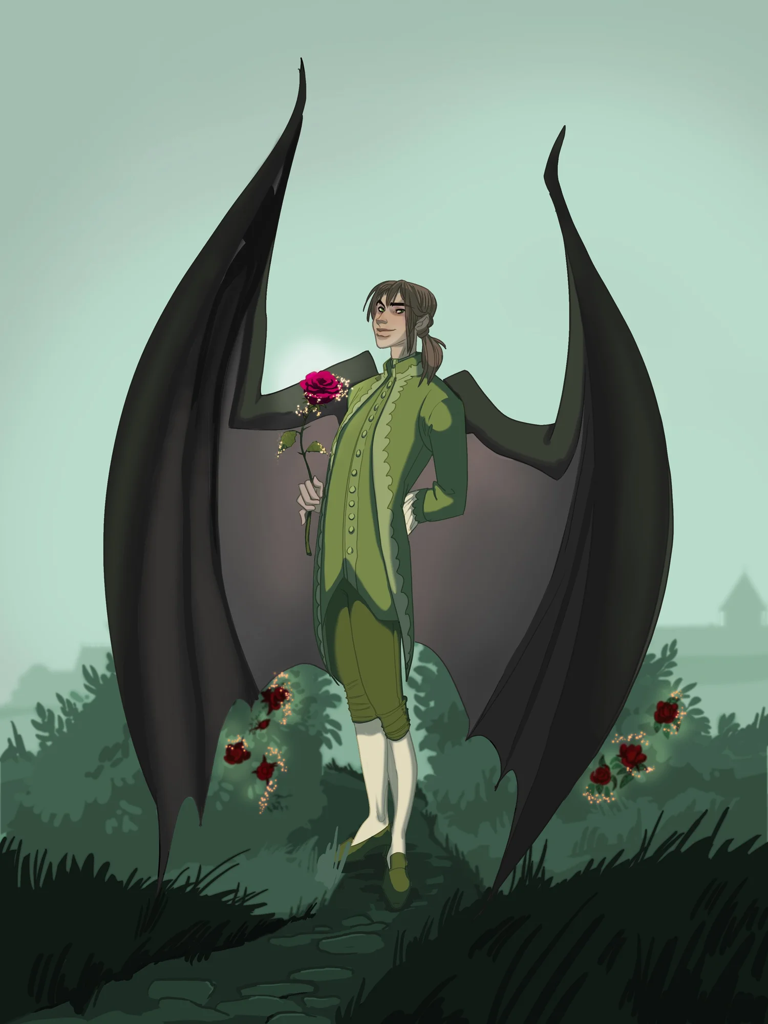 Lucas holding a rose with dark wings