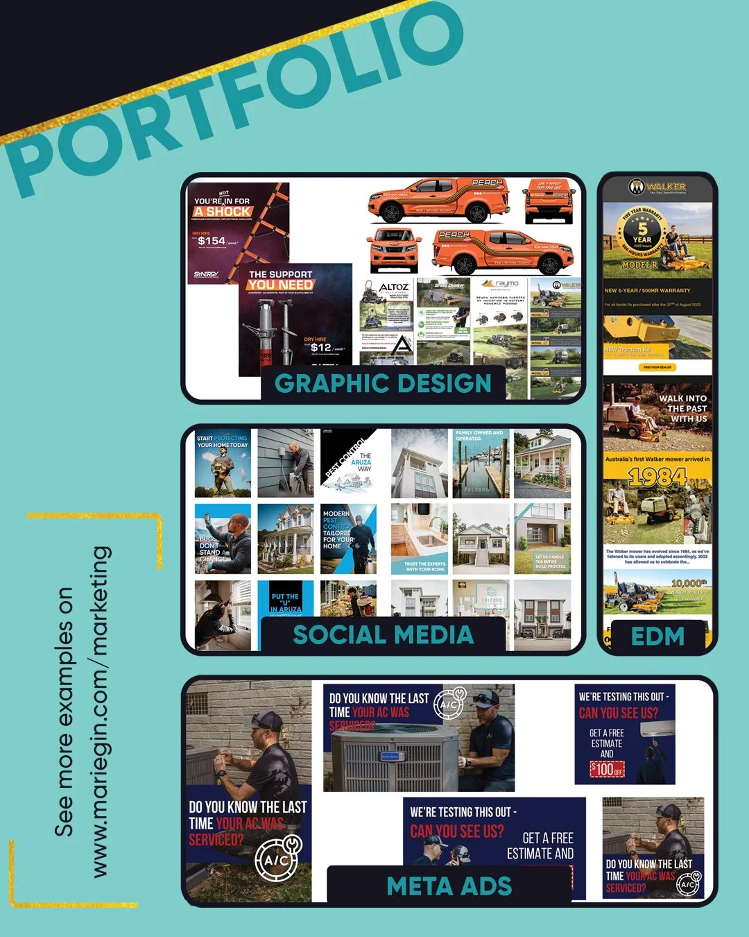 Your brand deserves more than just a post here and there.

Good marketing is about consistency, clear messaging, and visuals that support your business goals. From graphic design to social media, email marketing and ads, this is the kind of work I cr