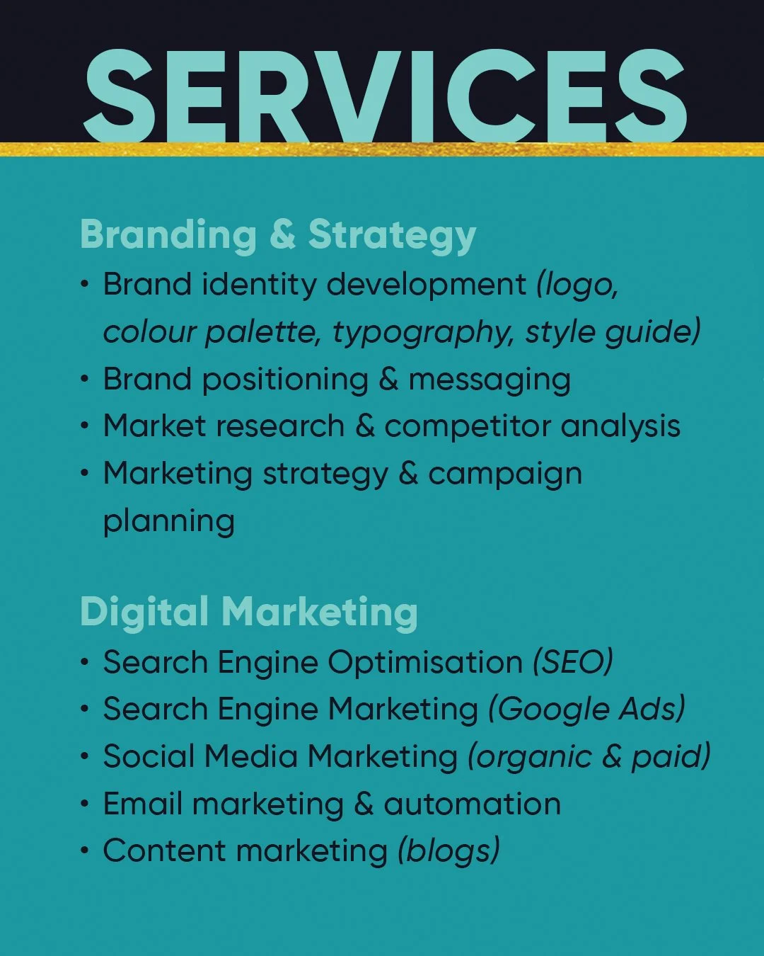 A lot of marketing problems come down to one thing: There&rsquo;s no strategy holding it all together.

I help businesses clarify their brand, tighten their message, and build digital marketing that actually supports their goals. Not just content for