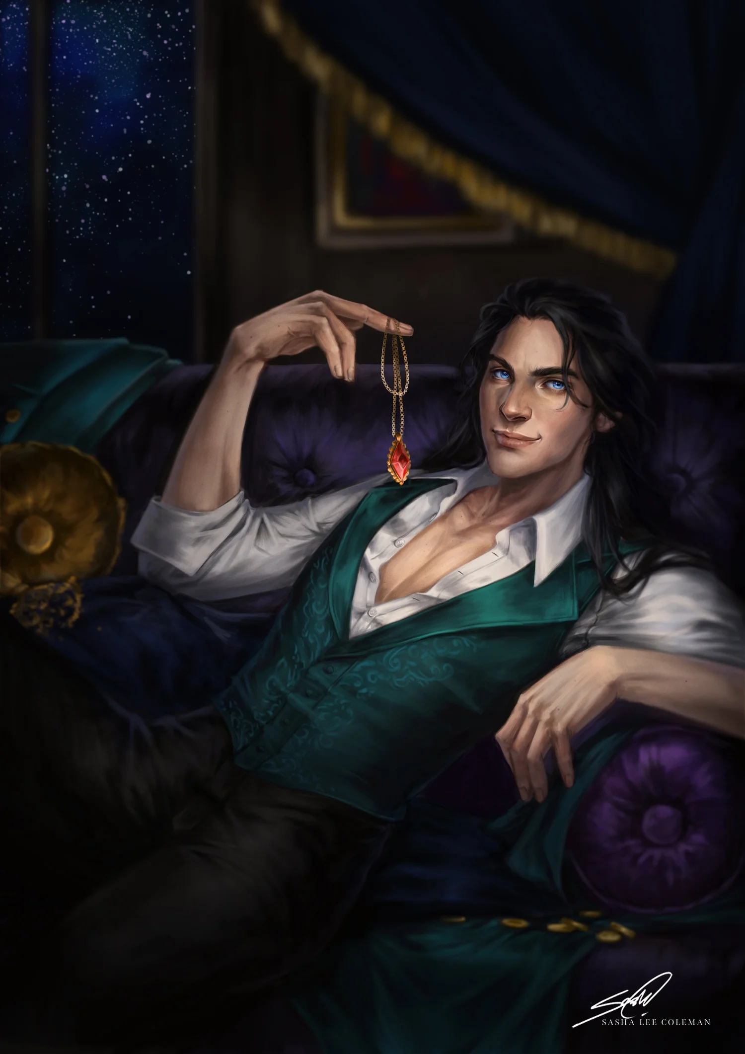 Gabriel reclining on a purple sofa holding a gemstone chain