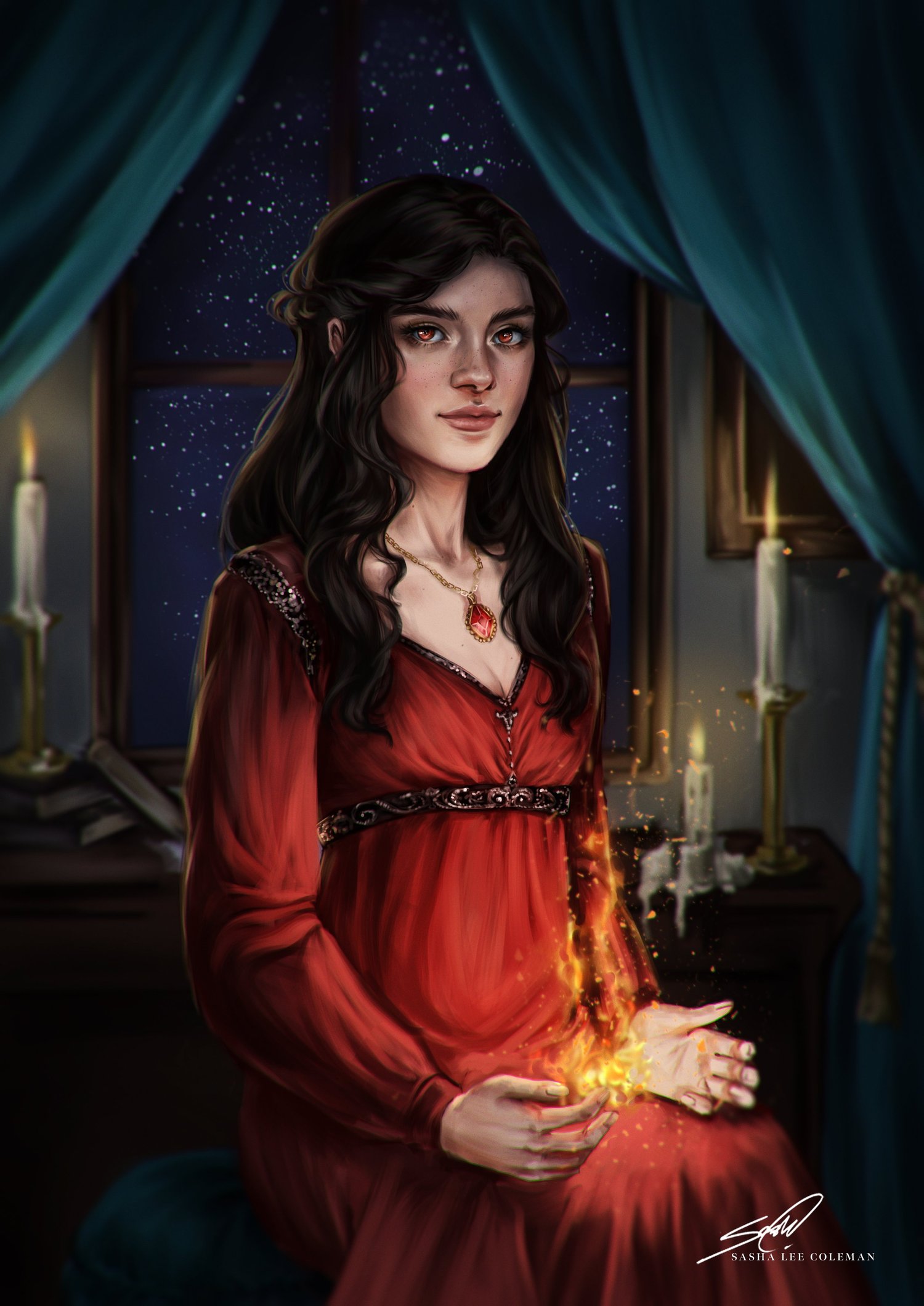Elena seated in a red dress holding magical fire