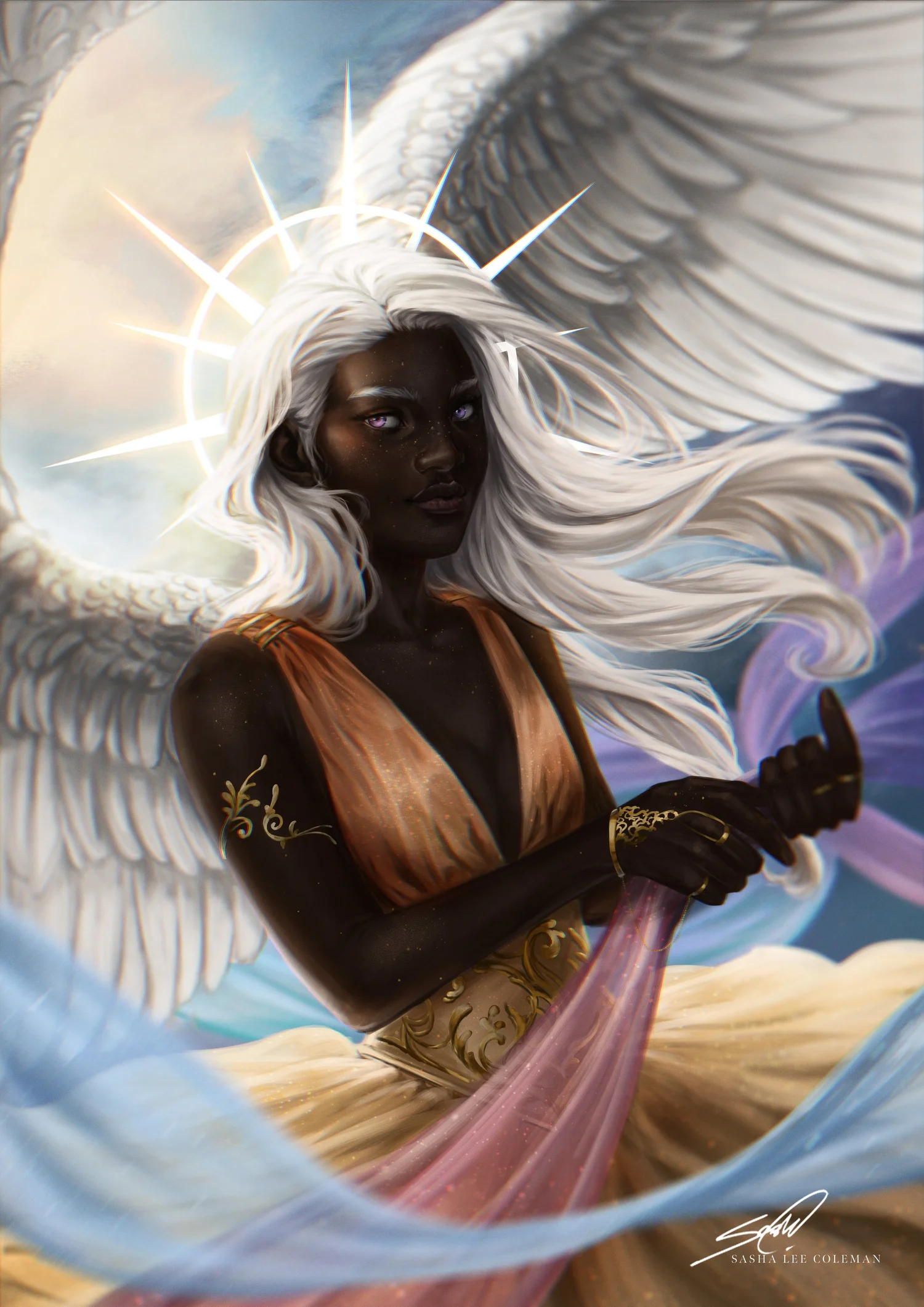 Aurora, a dark-skinned angel with white hair and wings