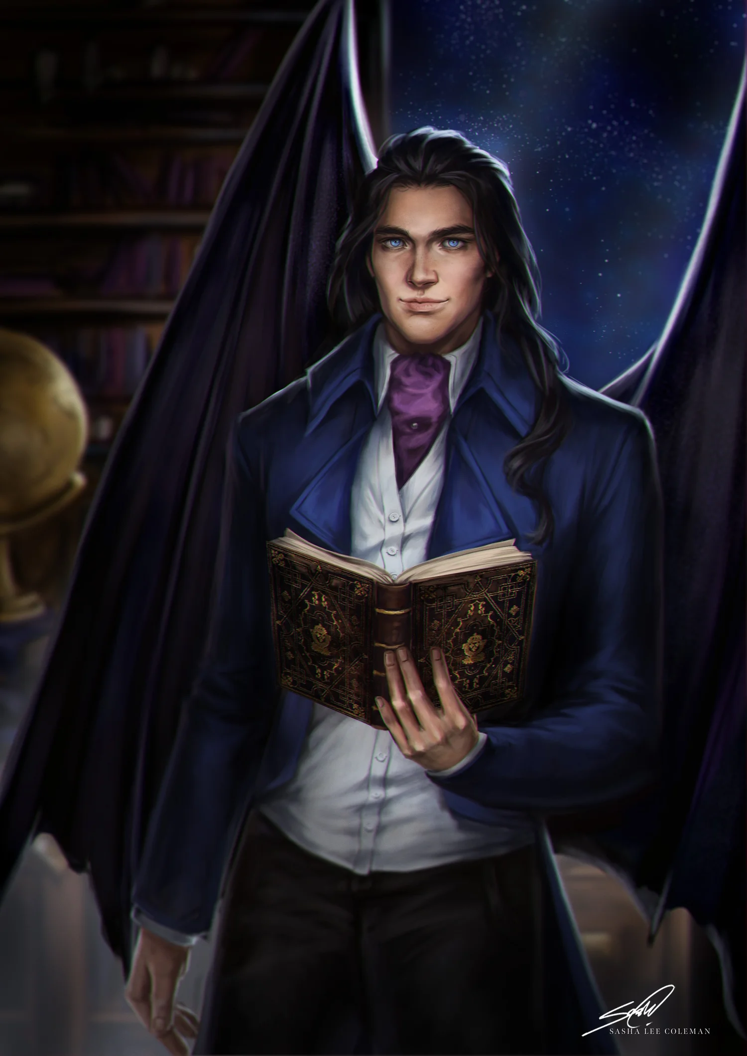 Marcus holding an ornate book in a library