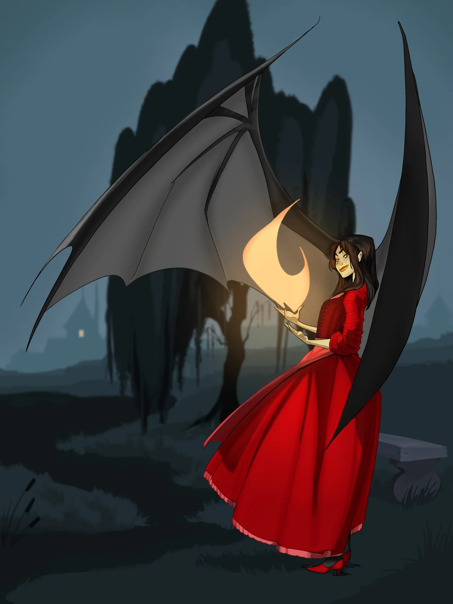 Elena in a red gown holding fire with dark wings