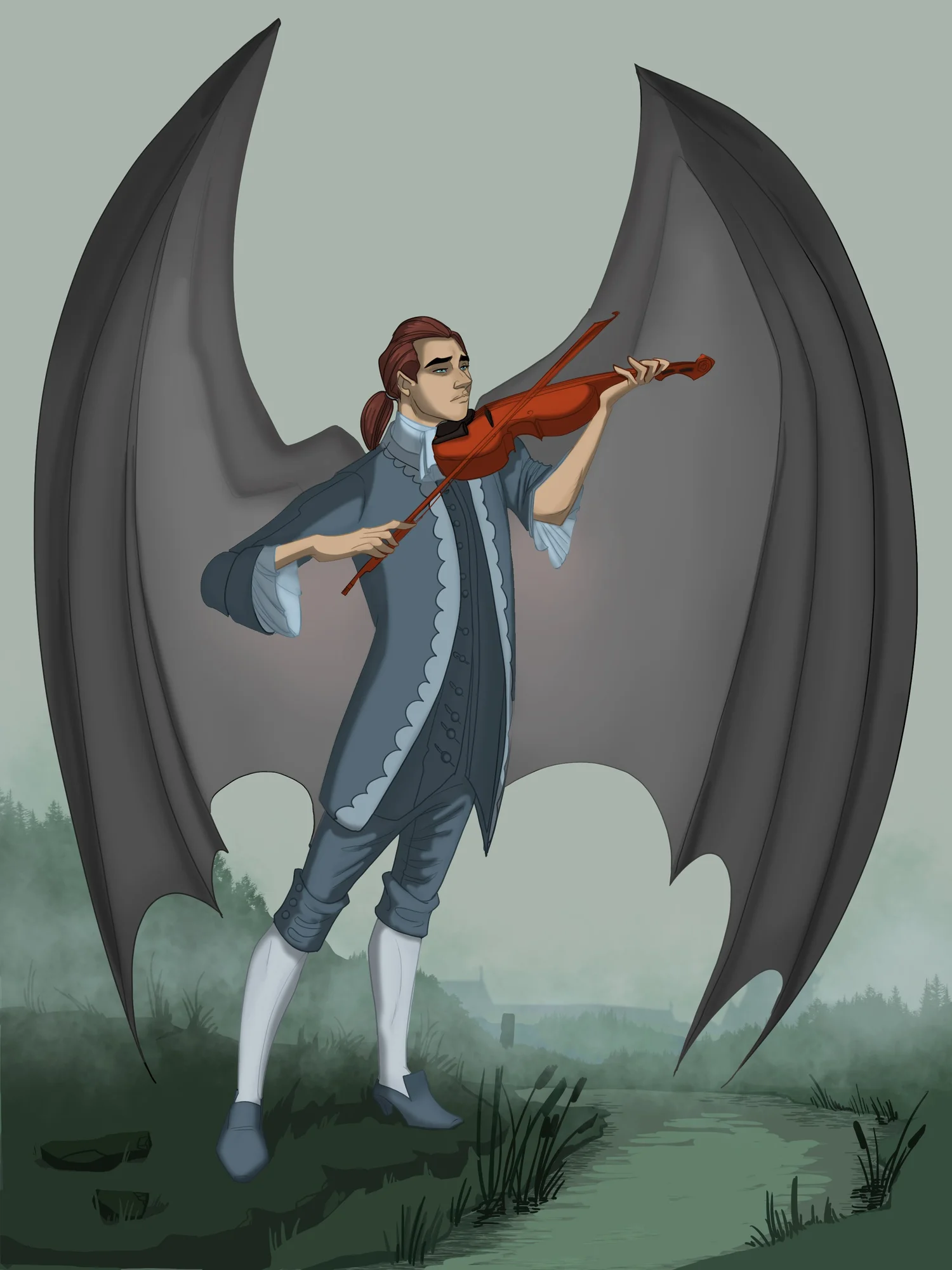 Marcus playing a violin with dark wings