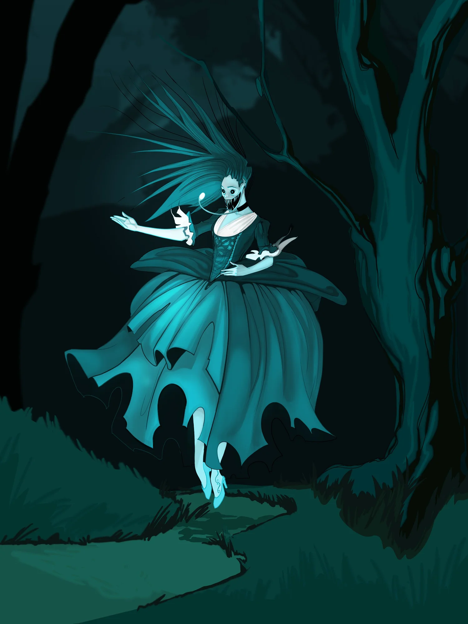 The Angler, a spectral woman in a blue dress in a dark forest