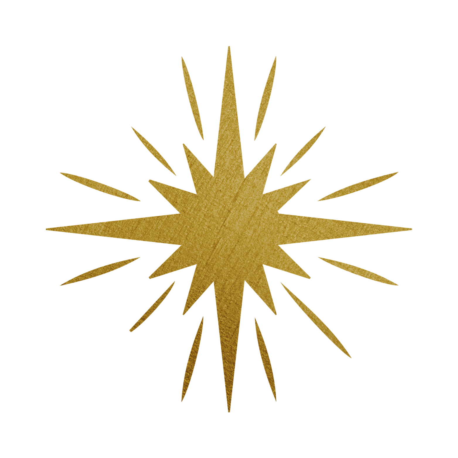 A gold glitter starburst ornament with multiple pointed rays.