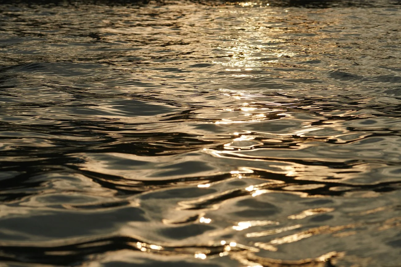 Close-up of rippling water during sunset with reflections of sunlight on the surface.