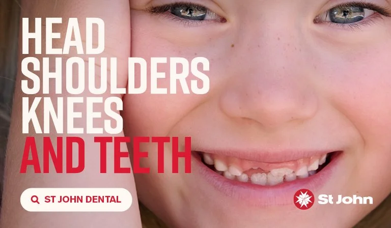 Close-up of a smiling child's face with missing teeth, emphasizing dental care for head, shoulders, knees, and teeth, with text promoting St. John dental services.