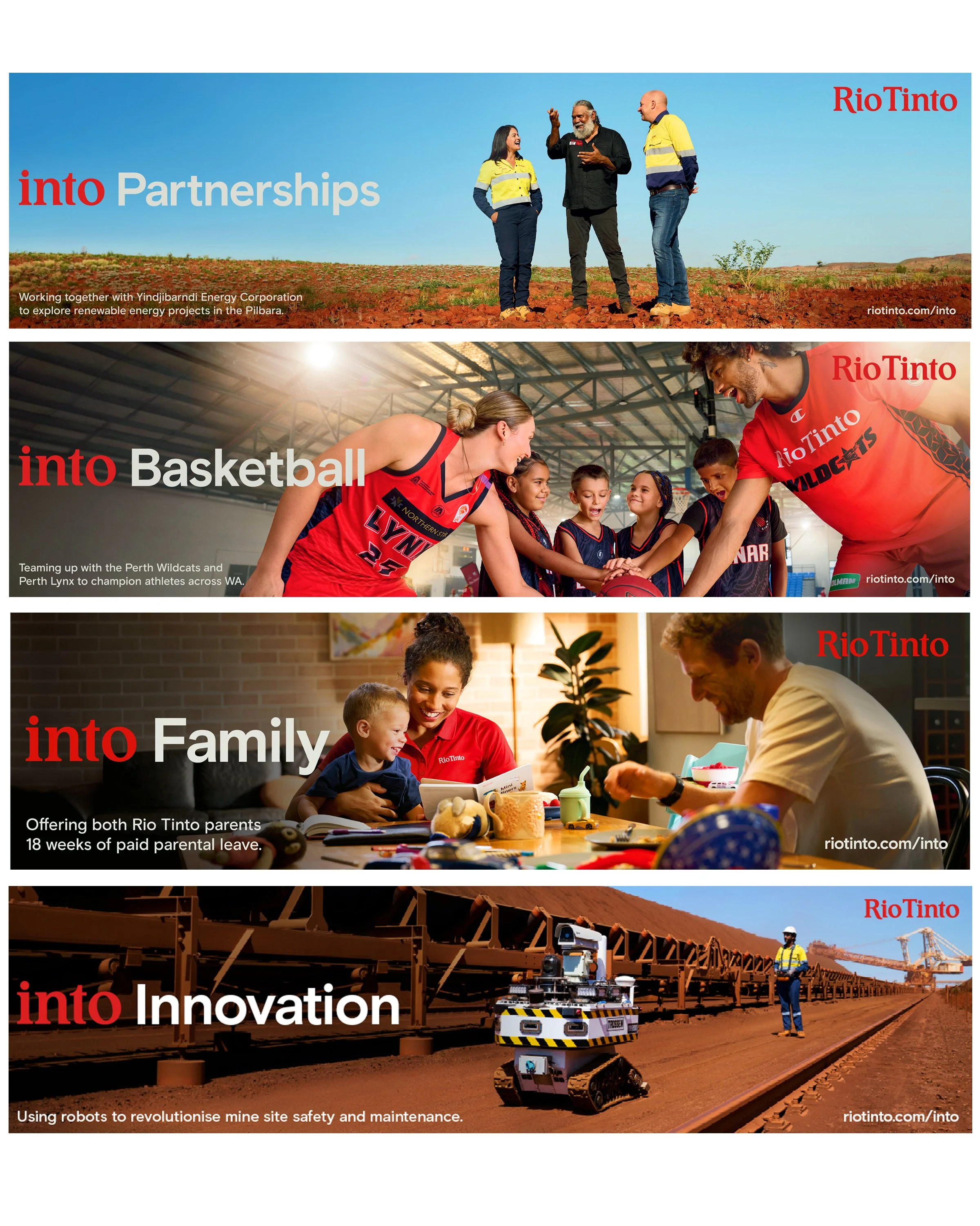 A collage of four images showing different aspects of Rio Tinto's operations. The first image depicts people working on renewable energy projects in a rural landscape. The second image shows women and children in a basketball game inside a sports fac