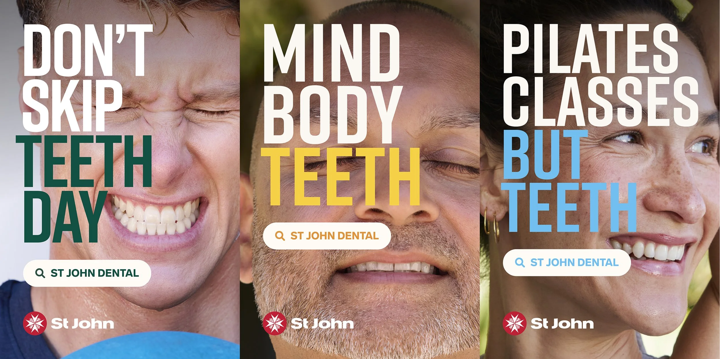The image features three smiling people with text overlay promoting dental care. The first person is a woman with short hair, the second is a man with a beard, and the third is a woman with dark hair. The text reads: "DON'T SKIP TEETH DAY," "MIND BOD