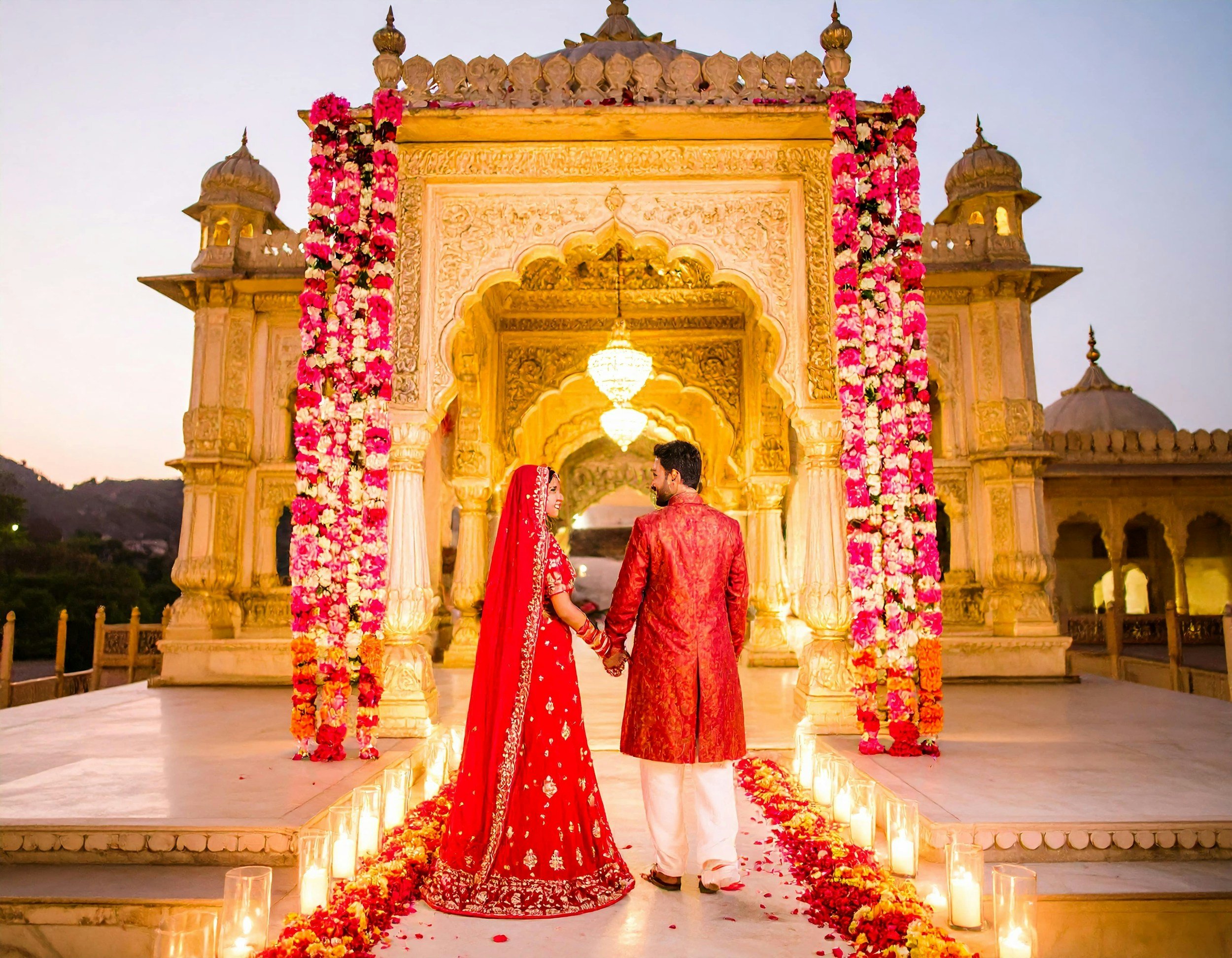 A couple dressed in traditional Indian wedding attire, holding hands and facing each other, standing on a decorated pathway with candles and flower petals leading to an ornately decorated altar or gateway, with floral garlands hanging on the structure, during sunset or early evening.