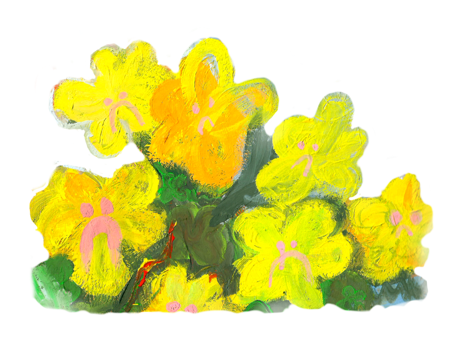 A vibrant painting of yellow and orange flowers with pink faces, in a loose, expressive style.