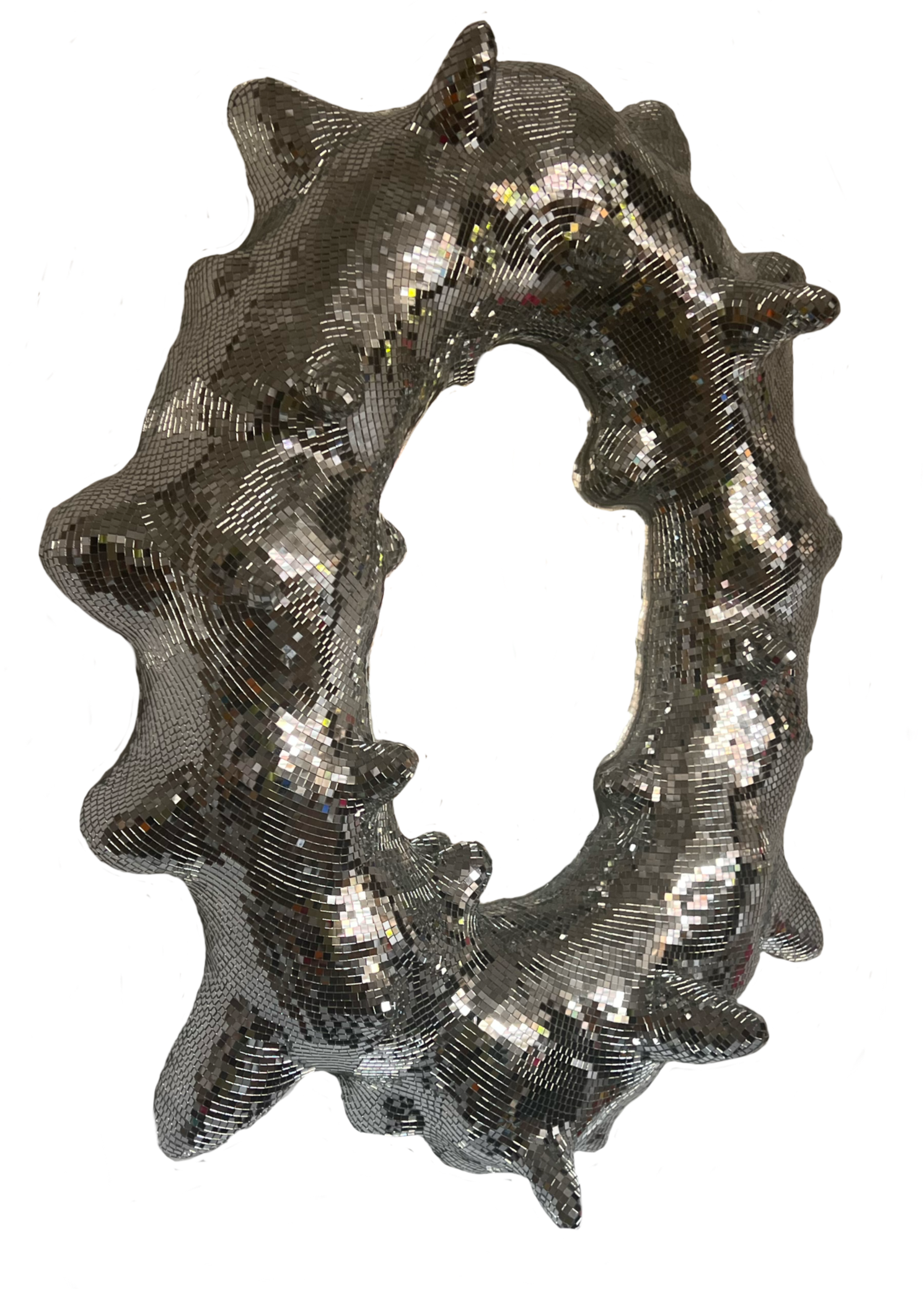 A metallic, disco ball-like ring with a textured, mosaic surface.