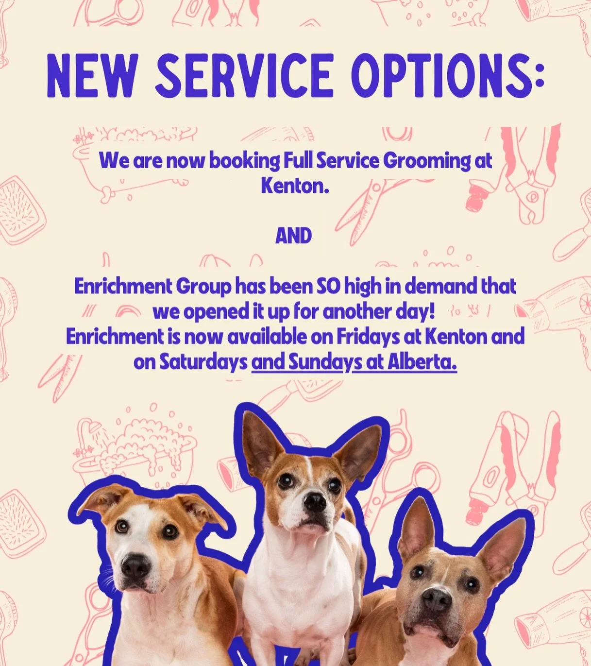 Doing some house keeping to update yall on some new service options we are offering at each location. Now offering full service grooming options at Kenton and opened another Enrichment Group session on Sundays at Alberta! 💫 
We do currently have lim