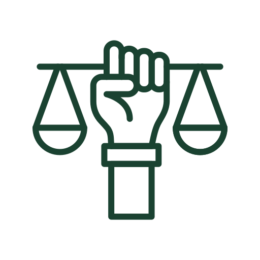 An illustration of a hand holding a balanced scale, symbolizing justice.