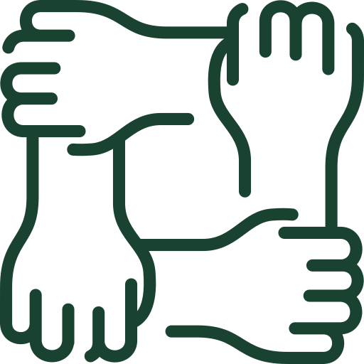 Four outline hands intertwined in a square pattern.