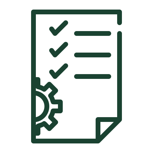 Checklist on a clipboard with a gear icon in the bottom left corner.