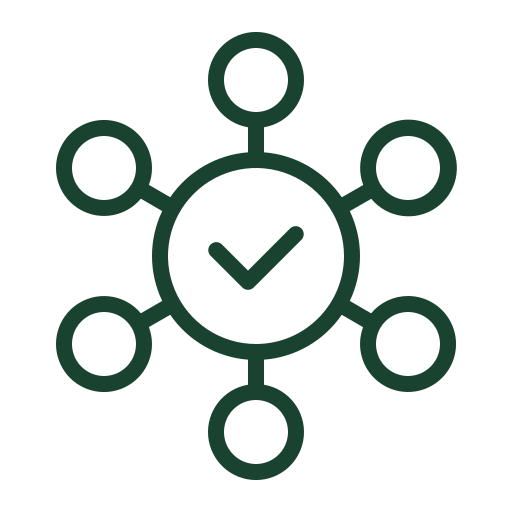 Diagram of a central circle with a check mark, connected to six smaller empty circles, representing a concept map or network.