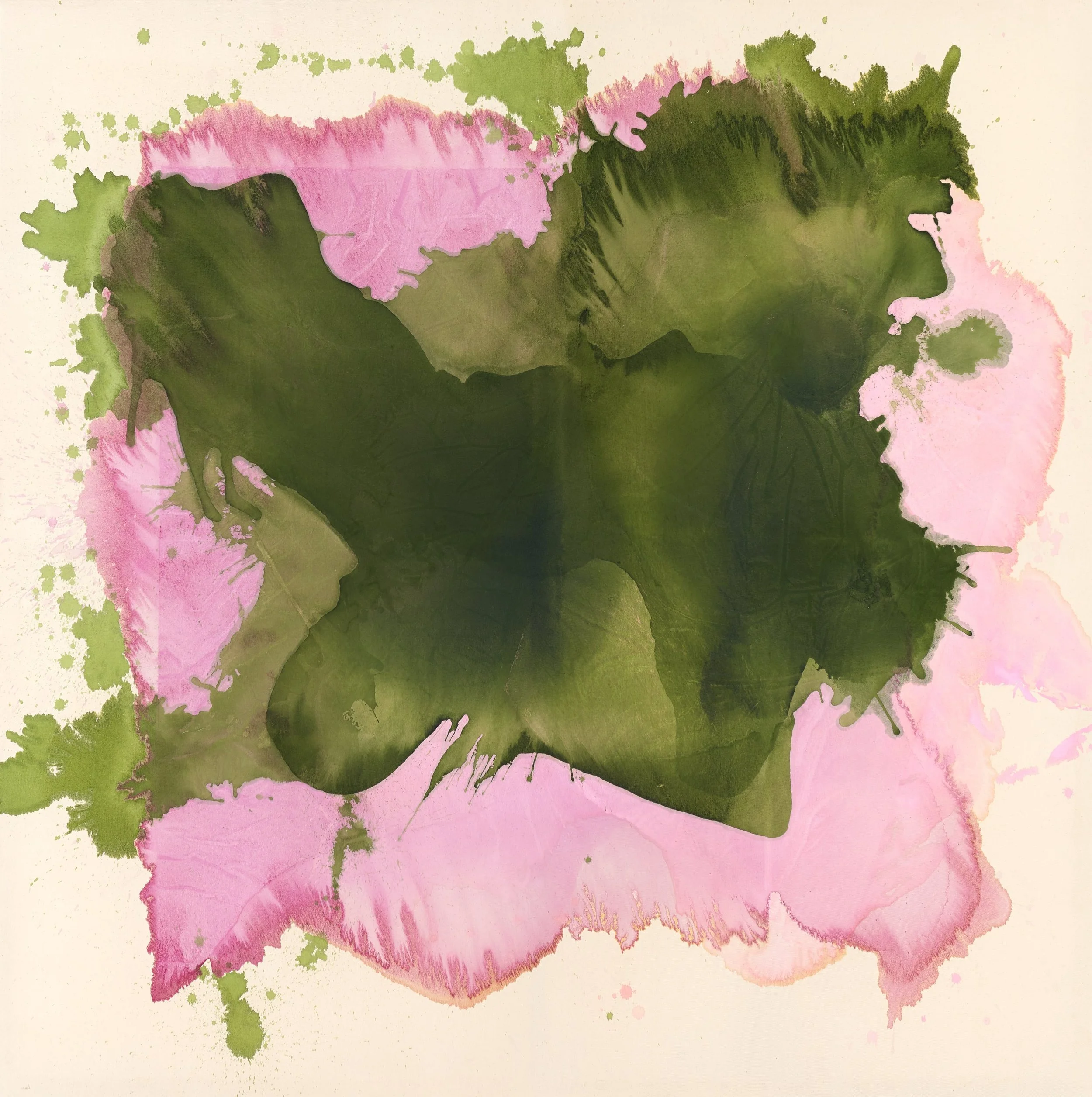 Marie Birkedal, Hope is the Thing with Feathers, acrylic and flashe on distressed cotton, 180 × 180 cm, with dark green forms layered over pink and olive washes.