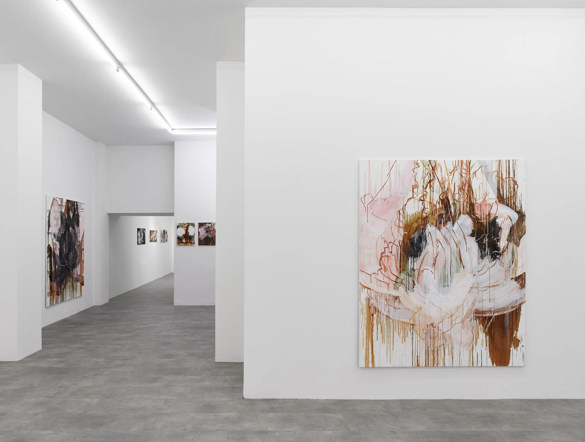 Installation view of Marie Birkedal’s Savage Glitter at Galerie1214, Berlin, 2018, showing large-scale paintings and smaller works across the gallery rooms.