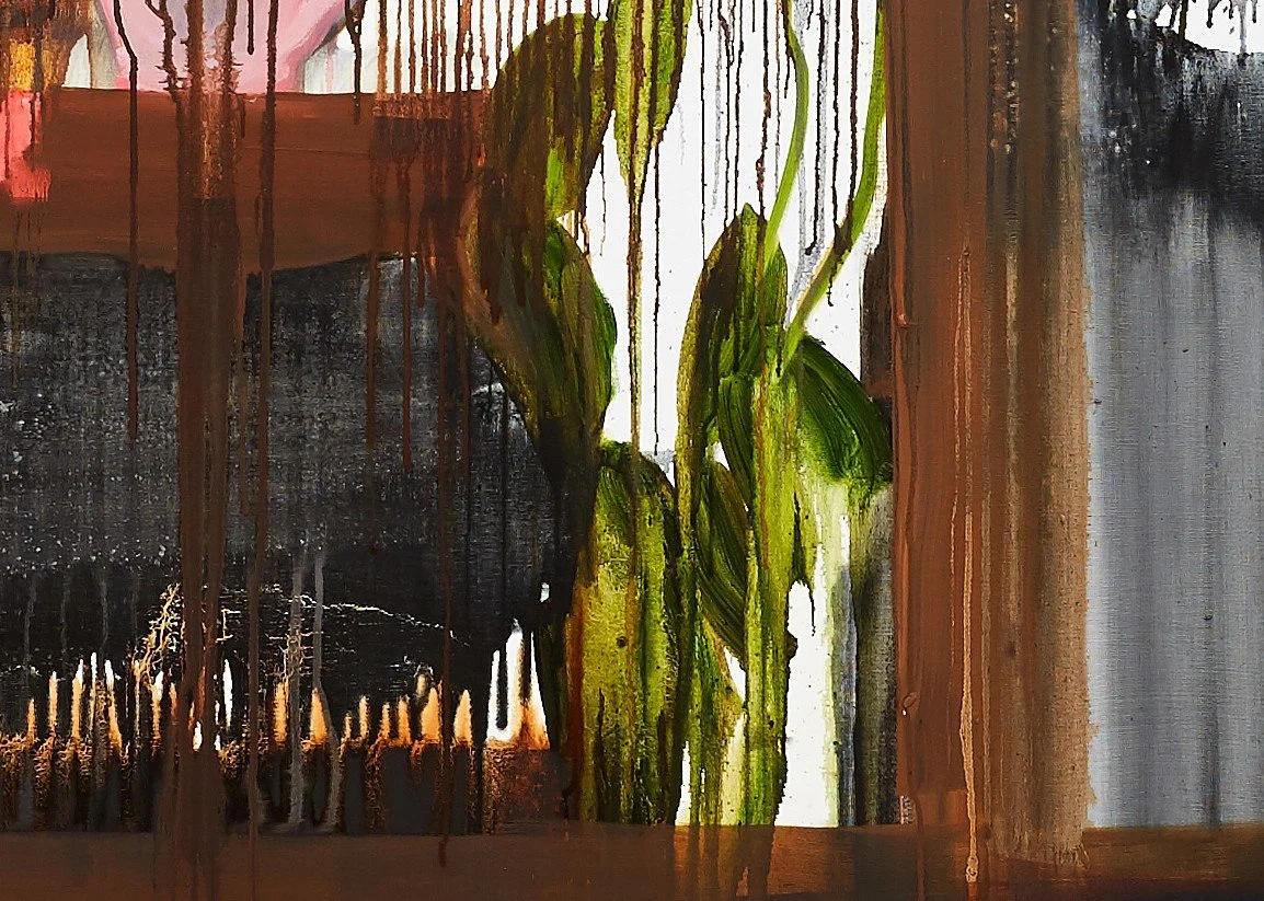 Marie Birkedal, oil painting, 2015, depicting abandoned buildings being overtaken by plant growth after human presence has disappeared.