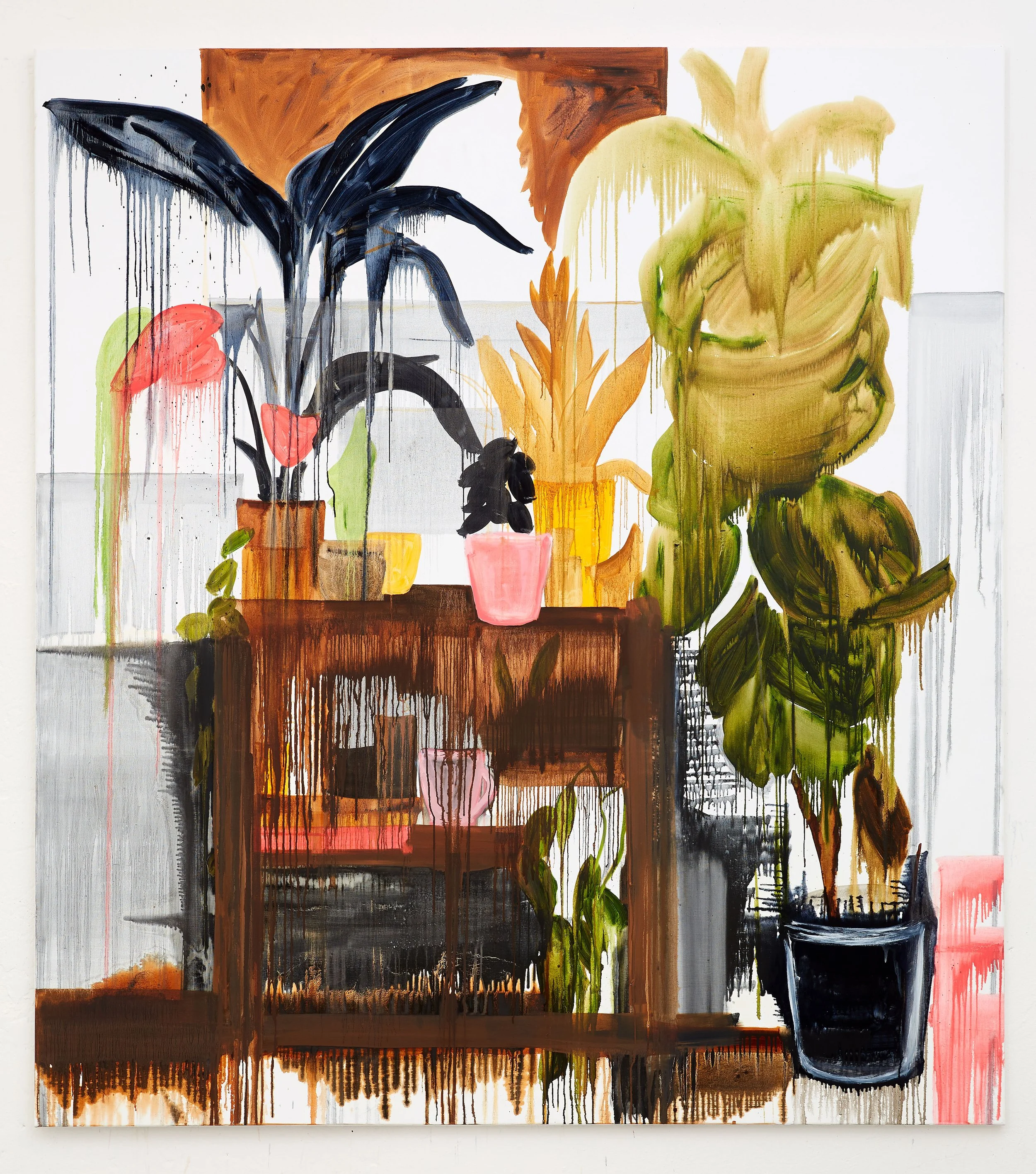 Marie Birkedal, Untitled, 2014–2018, oil on canvas, 200 × 180 cm, interior with plants, vessels and furniture rendered in layered green, ochre, pink and dark tones.