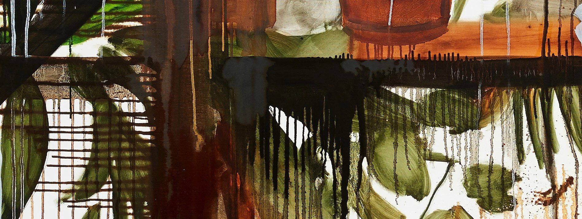 Marie Birkedal, oil painting, Berlin, 2015, with layered black, green, brown and orange forms and flowing paint.