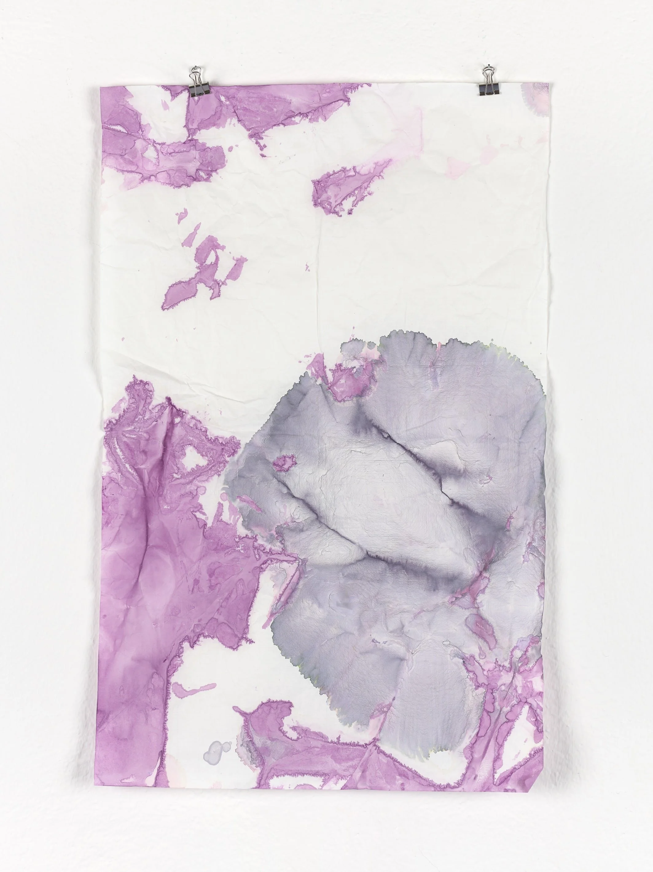 The Silence on the Floor, 2022, by Marie Birkedal, painting on paper in violet, grey, pink and white.