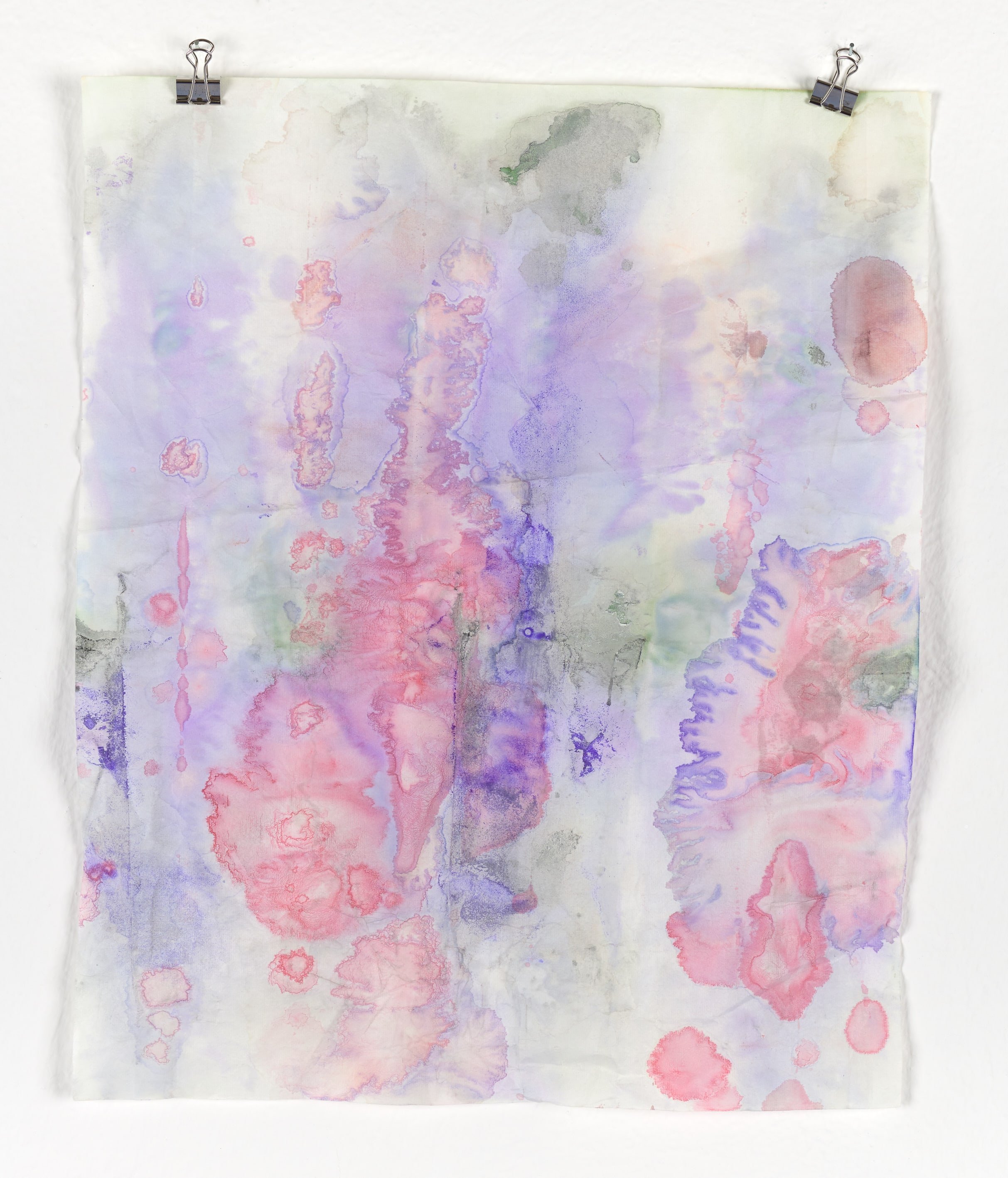 Warnings in the Wood, 2021–2026, by Marie Birkedal, painting on paper in violet, pink, blue and grey.