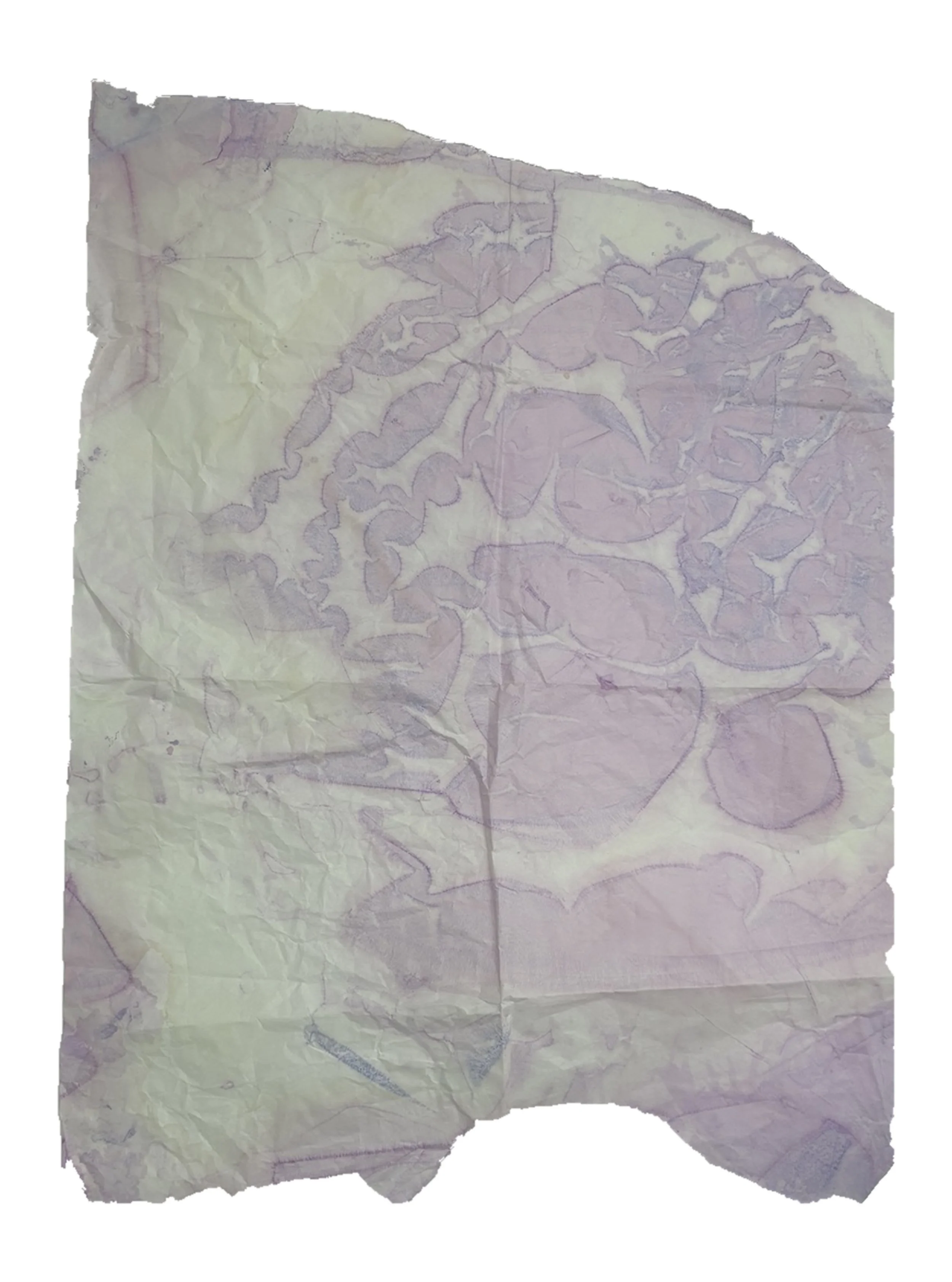 Marie Birkedal, Godspeed, 60 × 50 cm, mixed media on coated paper, with translucent grey, violet and muted green layers and an irregular torn lower edge.