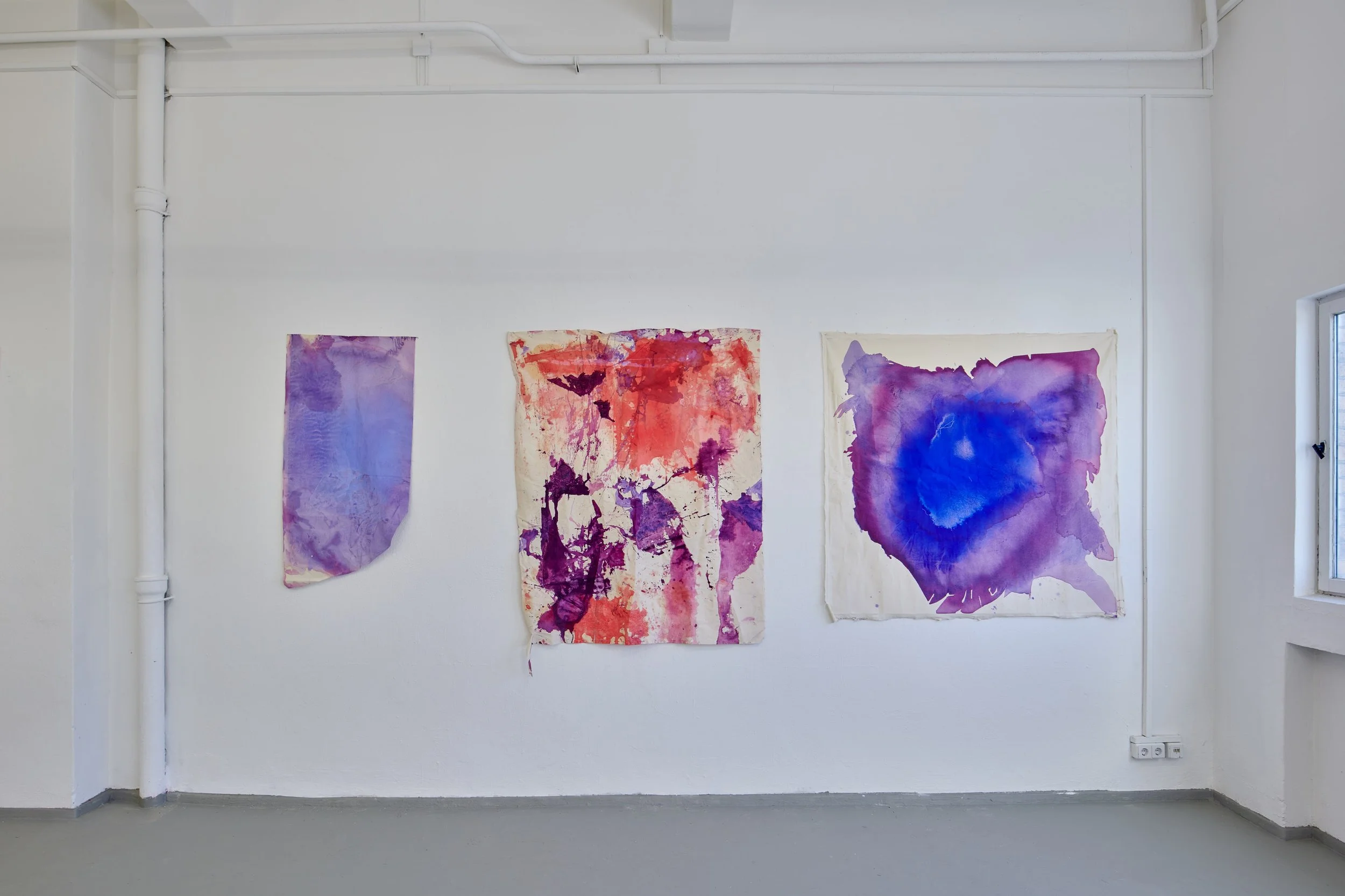 Marie Birkedal’s Godspeed paintings on cotton installed in the Berlin studio, 2026.