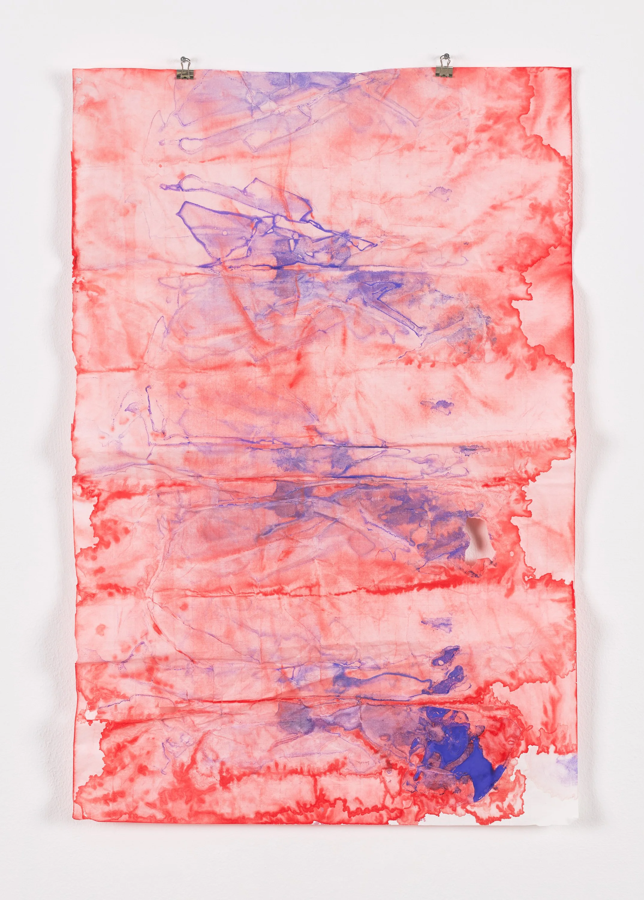 Collateral Damage by Marie Birkedal, painting on paper in red, pink and violet.